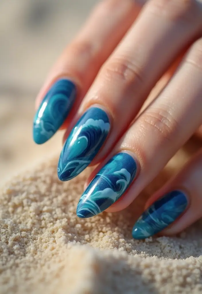 28 Fresh Gel X Nail Inspo Almond Designs You’ll Adore - 16. Blue Wave Patterns