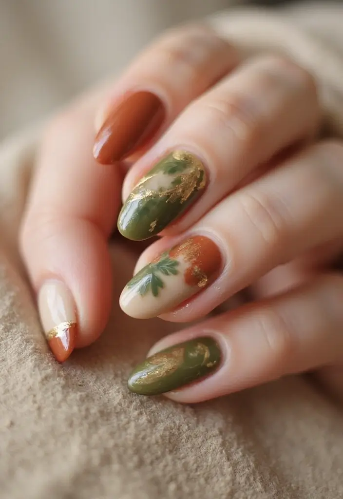 29 Classy Nail Inspo Acrylic Almond Styles to Copy - 1. Earthy Tones with Nature-Inspired Accents