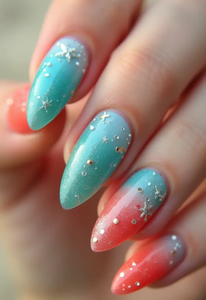 29 Classy Nail Inspo Acrylic Almond Styles to Copy - 2. Ocean Vibes with Turquoise and Coral