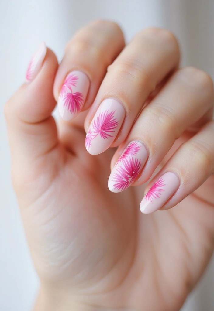29 Pretty Pink Nail Inspo Almond Ideas for a Soft & Feminine Look - 10. Tropical Pink Palm Leaves