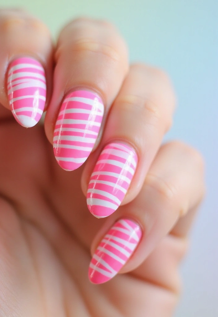 29 Pretty Pink Nail Inspo Almond Ideas for a Soft & Feminine Look - 17. Bright Pink and White Stripes
