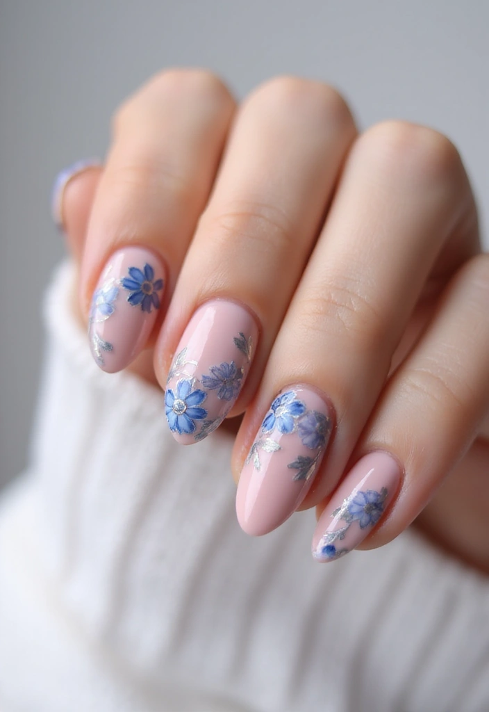 29 Pretty Pink Nail Inspo Almond Ideas for a Soft & Feminine Look - 19. Pink and Blue Floral Fusion