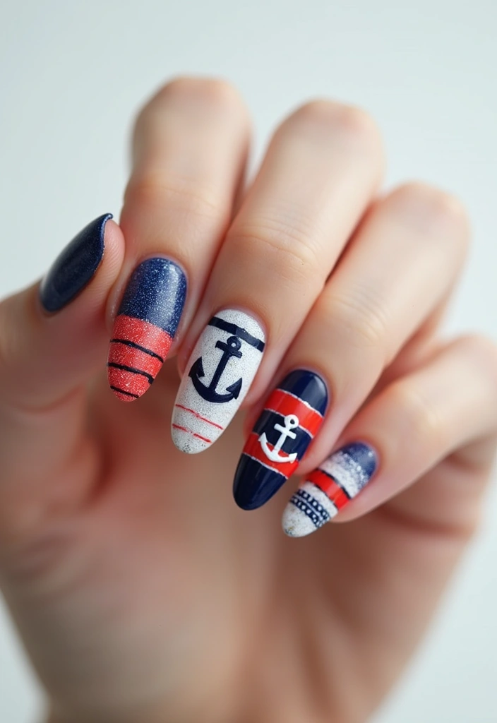 30 Bold Nail Inspo Long Almond Styles That Stand Out - 10. Nautical Vibes