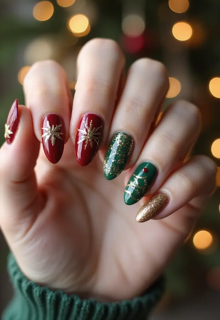 30 Bold Nail Inspo Long Almond Styles That Stand Out - 26. Holiday Cheer