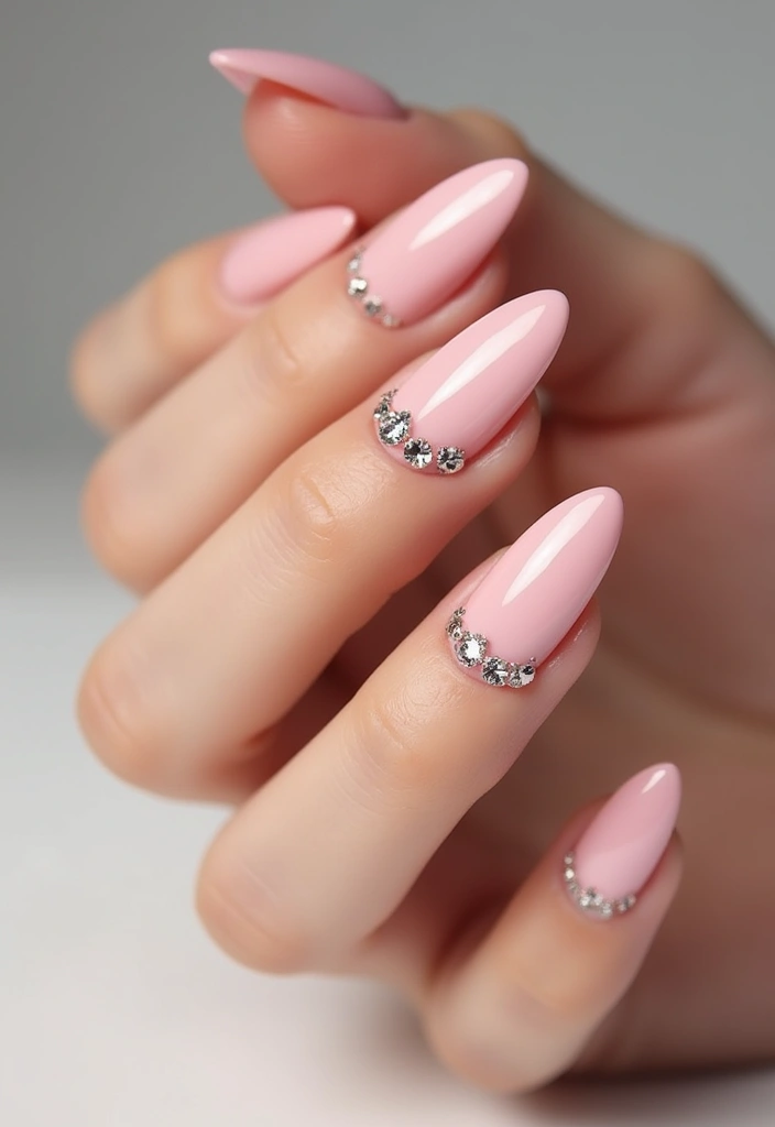 30 Cute Nail Inspo Almond Styles That Are Totally Adorable - 12. Light Pink with Sparkling Rhinestones