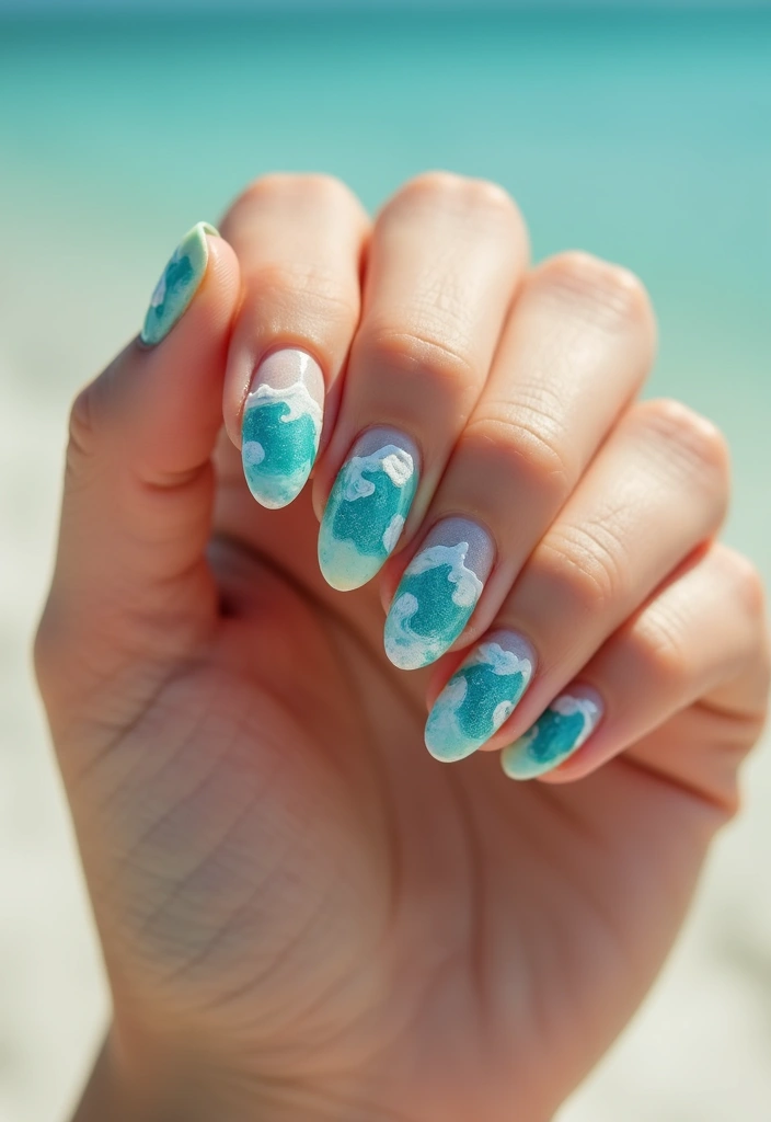 30 Cute Nail Inspo Almond Styles That Are Totally Adorable - 16. Sand with Ocean Wave Designs