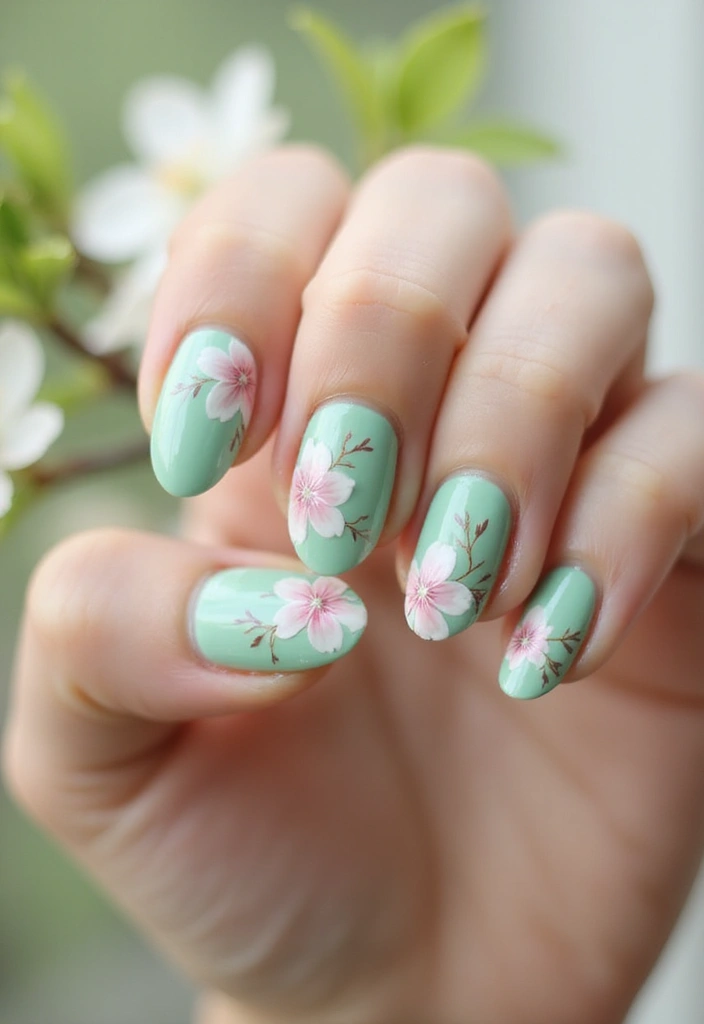 30 Cute Nail Inspo Almond Styles That Are Totally Adorable - 17. Mint Green with Cherry Blossoms