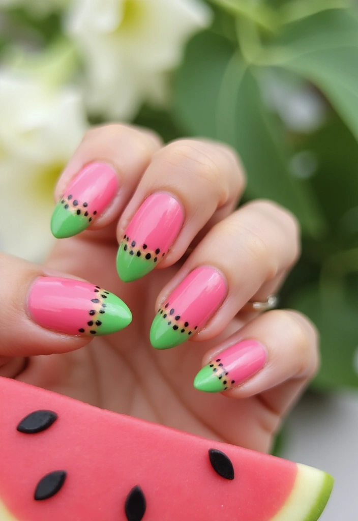 30 Cute Nail Inspo Almond Styles That Are Totally Adorable - 19. Watermelon with Black Seeds