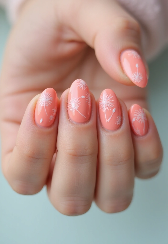 30 Cute Nail Inspo Almond Styles That Are Totally Adorable - 20. Soft Coral with Dandelion Accents