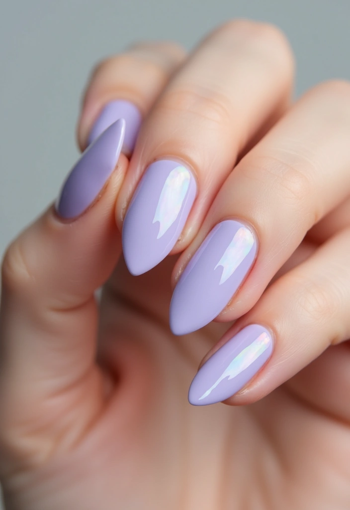 30 Cute Nail Inspo Almond Styles That Are Totally Adorable - 21. Light Lavender with Pearlescent Tips