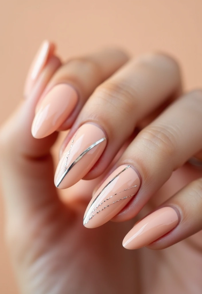 30 Cute Nail Inspo Almond Styles That Are Totally Adorable - 22. Pale Peach with Silver Lines