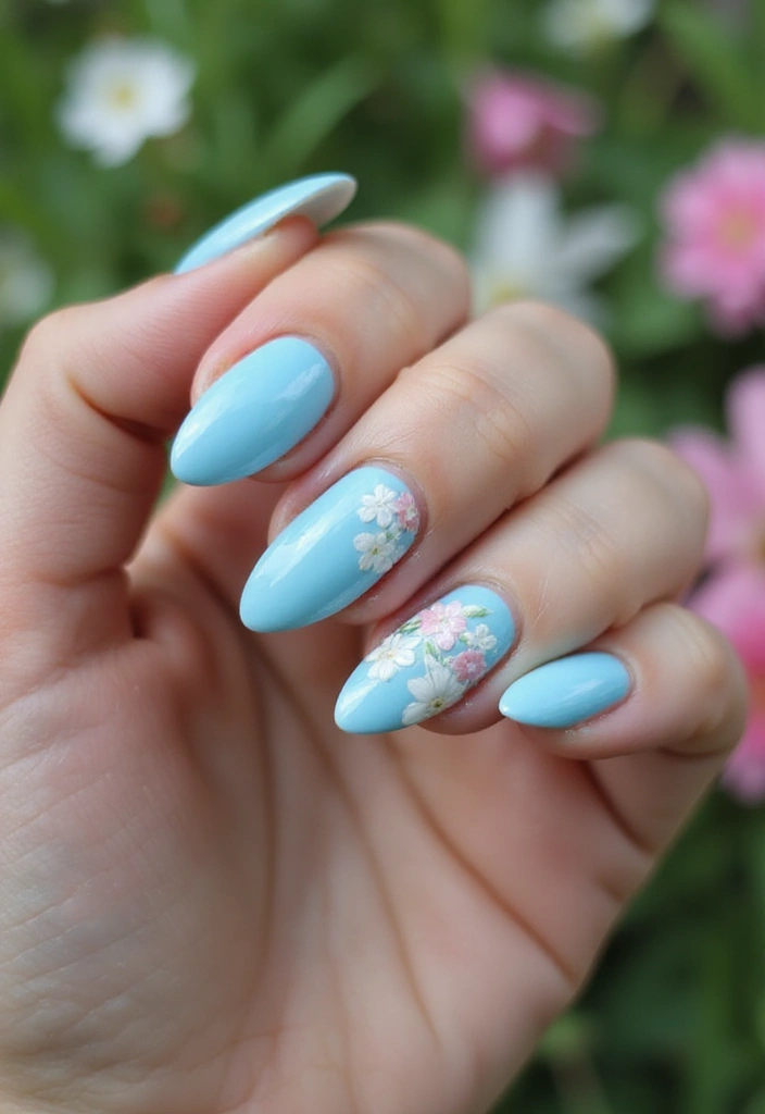 30 Cute Nail Inspo Almond Styles That Are Totally Adorable - 23. Soft Blue with Floral Nail Art