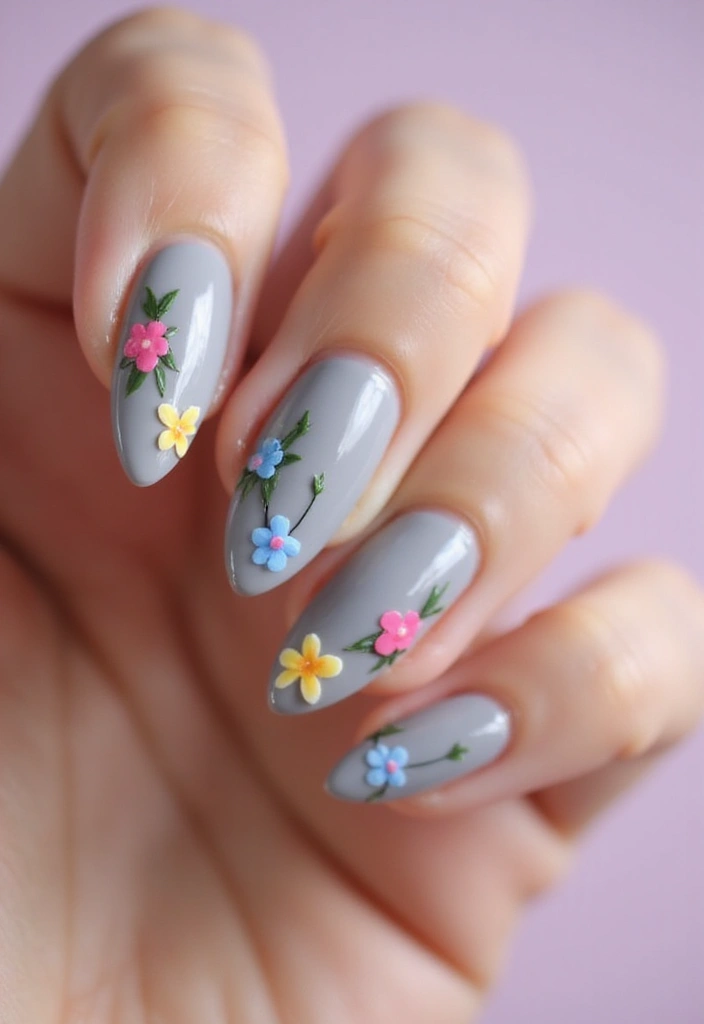 30 Cute Nail Inspo Almond Styles That Are Totally Adorable - 27. Light Gray with Colorful Flowers