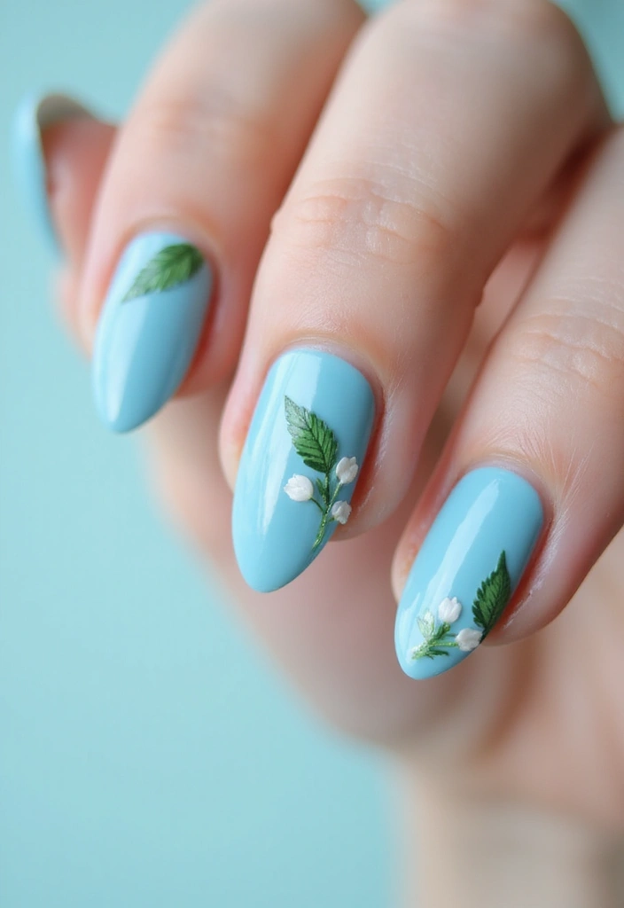30 Cute Nail Inspo Almond Styles That Are Totally Adorable - 29. Soft Blue with Leaf Accents