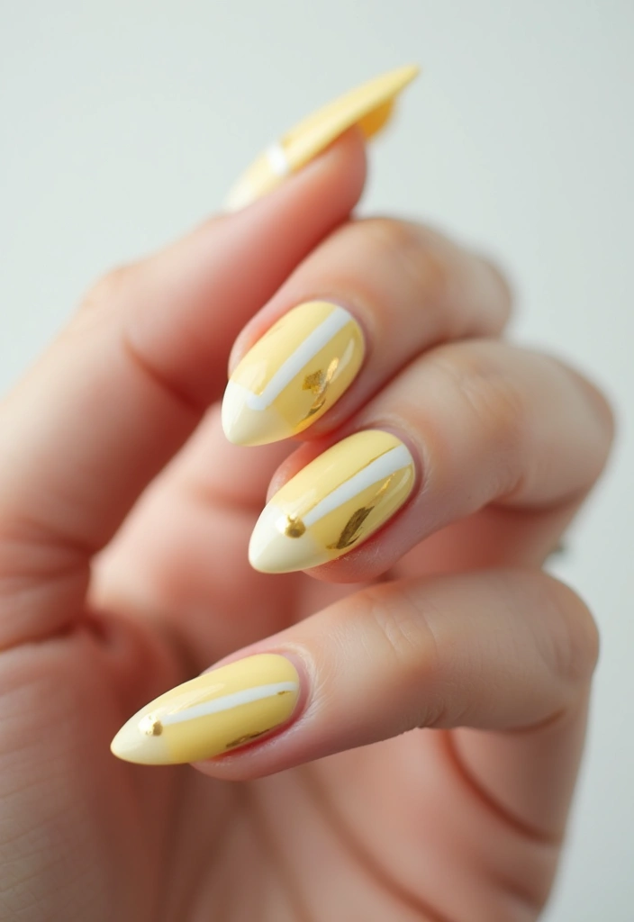 30 Cute Nail Inspo Almond Styles That Are Totally Adorable - 6. Pale Yellow with Geometric Lines