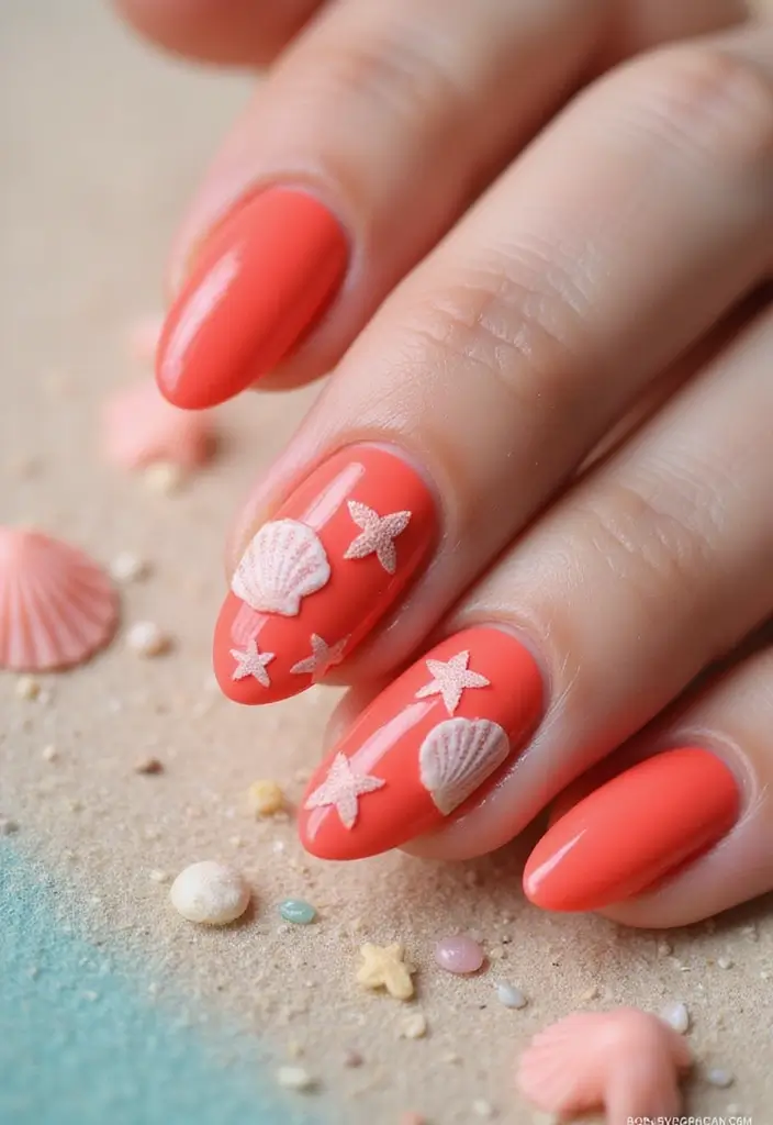 30 Cute Nail Inspo Almond Styles That Are Totally Adorable - 7. Coral with Seashell Accents