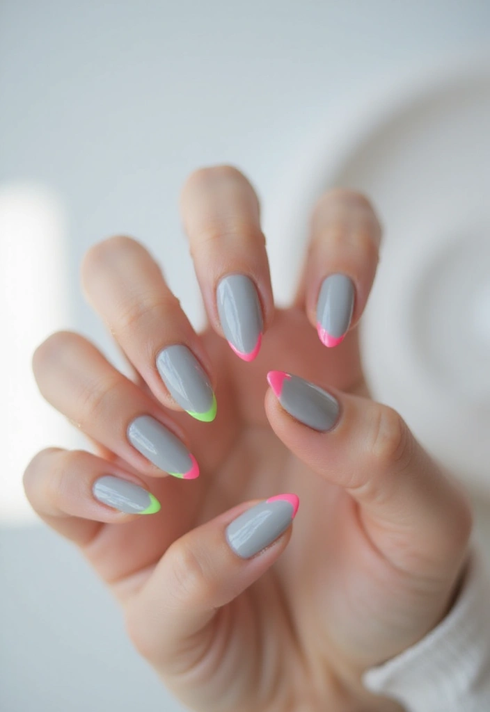 30 Cute Nail Inspo Almond Styles That Are Totally Adorable - 8. Light Gray with Neon Tips