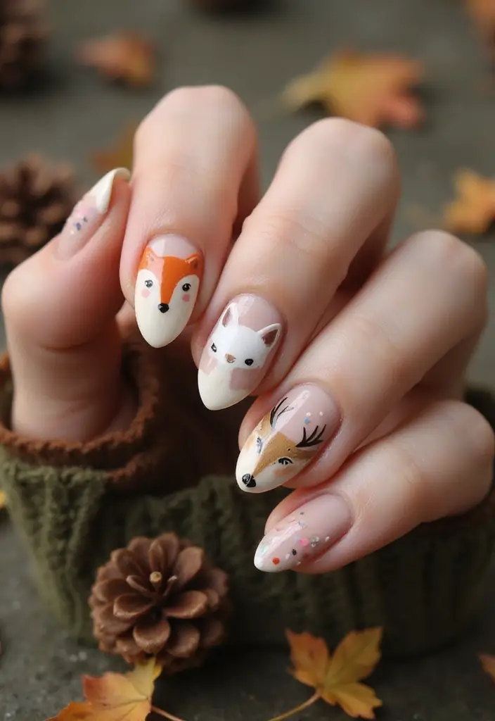 30 Gorgeous Fall Nail Inspo Almond Ideas You’ll Love - 14. Rustic Woodland Creatures