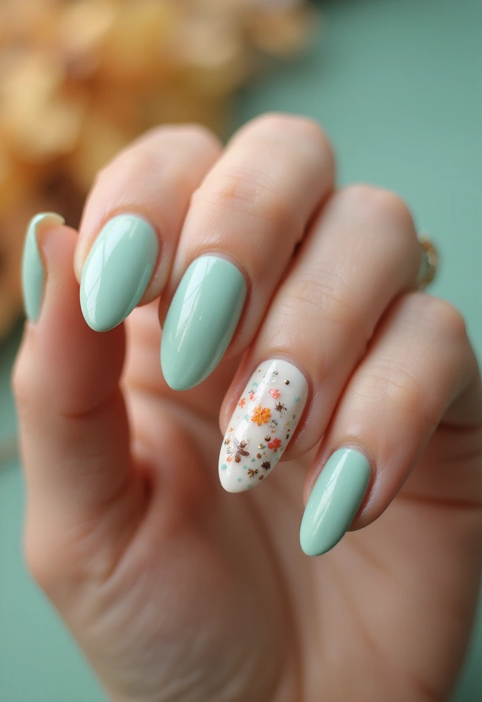 30 Gorgeous Fall Nail Inspo Almond Ideas You’ll Love - 16. Frosty Mint Accents