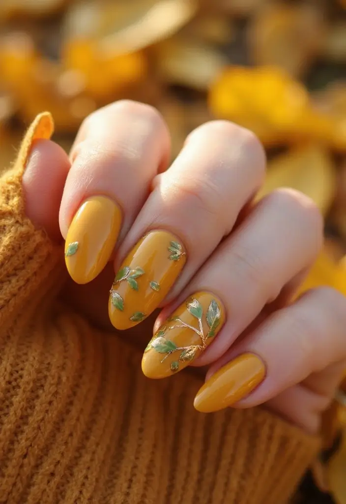 30 Gorgeous Fall Nail Inspo Almond Ideas You’ll Love - 7. Golden Mustard Magic