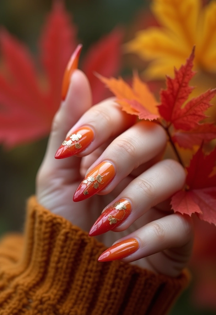 30 Gorgeous Fall Nail Inspo Almond Ideas You’ll Love - 8. Ombre Maple Leaves