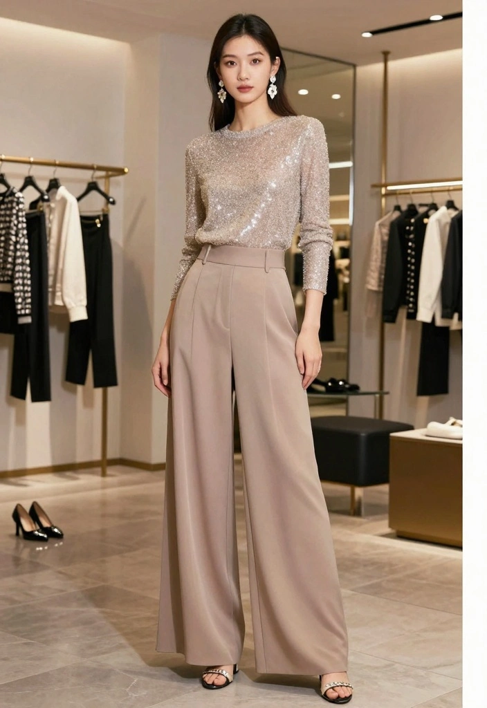 15 Classy New Year’s Eve Outfit Ideas for a Chic Night Out - 15. Stylish Wide-Leg Trousers with a Sparkly Top 1
