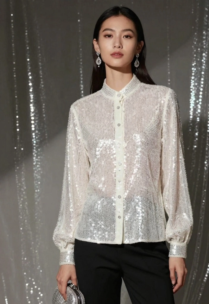 15 White New Year’s Eve Outfit Ideas for a Fresh & Elegant Style - 5. Elegant White Blouse with Sequins 1