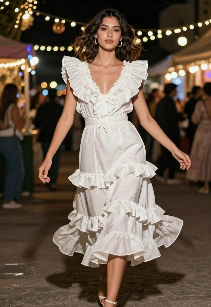 15 White New Year’s Eve Outfit Ideas for a Fresh & Elegant Style - 9. White Ruffled Dress 1