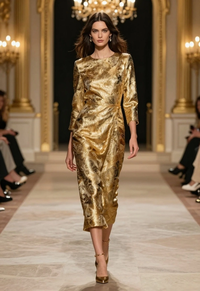 16 Gold New Year’s Eve Outfit Ideas for a Bold & Glam Style - 10. Gold Brocade Dress for a Touch of Elegance 1