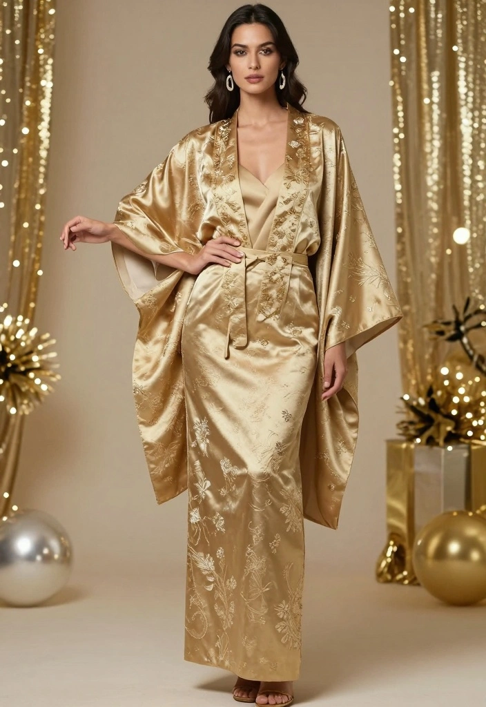 16 Gold New Year’s Eve Outfit Ideas for a Bold & Glam Style - 11. Gold Kimono Jacket Over a Simple Ensemble 1