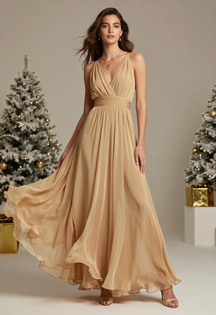 16 Gold New Year’s Eve Outfit Ideas for a Bold & Glam Style - 12. Gold Chiffon Dress for a Flowing Look 1