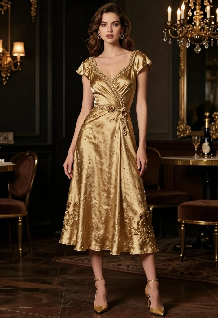 16 Gold New Year’s Eve Outfit Ideas for a Bold & Glam Style - 15. Vintage Gold Dress for Timeless Elegance 1