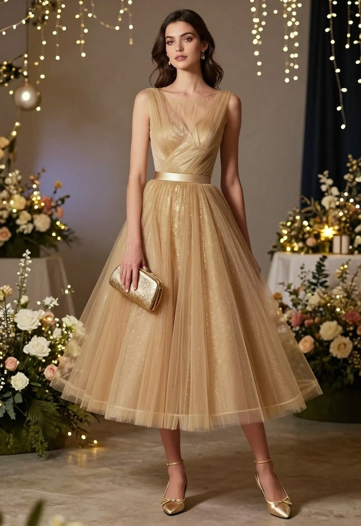 16 Gold New Year’s Eve Outfit Ideas for a Bold & Glam Style - 4. Dazzle in a Gold Tulle Skirt & Top Combo 1