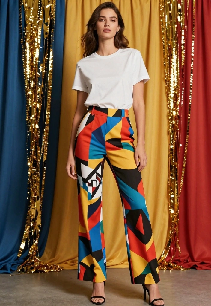 17 New Year’s Eve Outfit Ideas with Pants for Chic Comfort - 15. Graphic Trousers with a Classic Tee 1