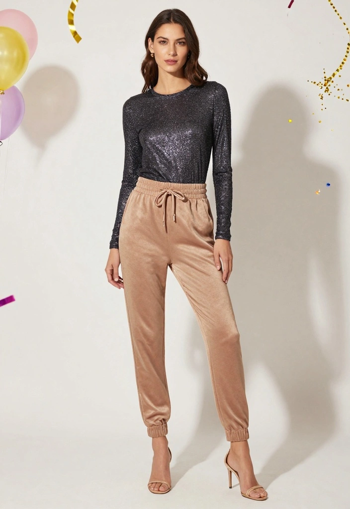 17 New Year’s Eve Outfit Ideas with Pants for Chic Comfort - 3. Chic Joggers with a Sparkly Top 1