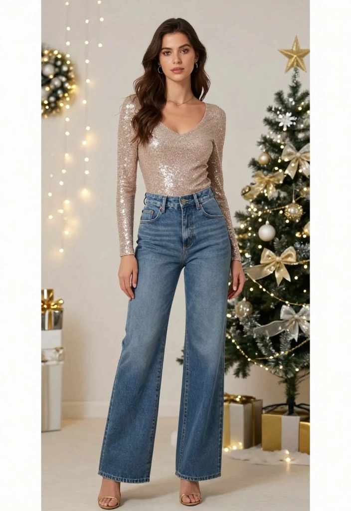 17 New Year’s Eve Outfit Ideas with Pants for Chic Comfort - 5. Sustainable Denim with a Glittery Top 1