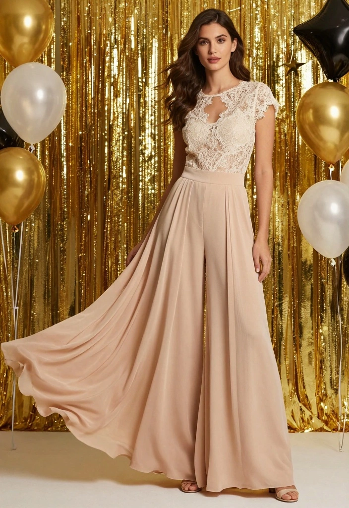 17 New Year’s Eve Outfit Ideas with Pants for Chic Comfort - 7. Elegant Palazzo Pants with a Lace Top 1