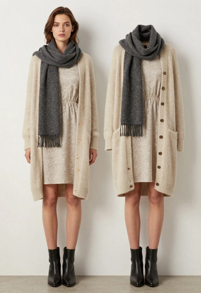 18 New Year’s Eve Outfit Ideas to Dress to Impress - 7. Festive Cardigans Over Cocktail Dresses 1