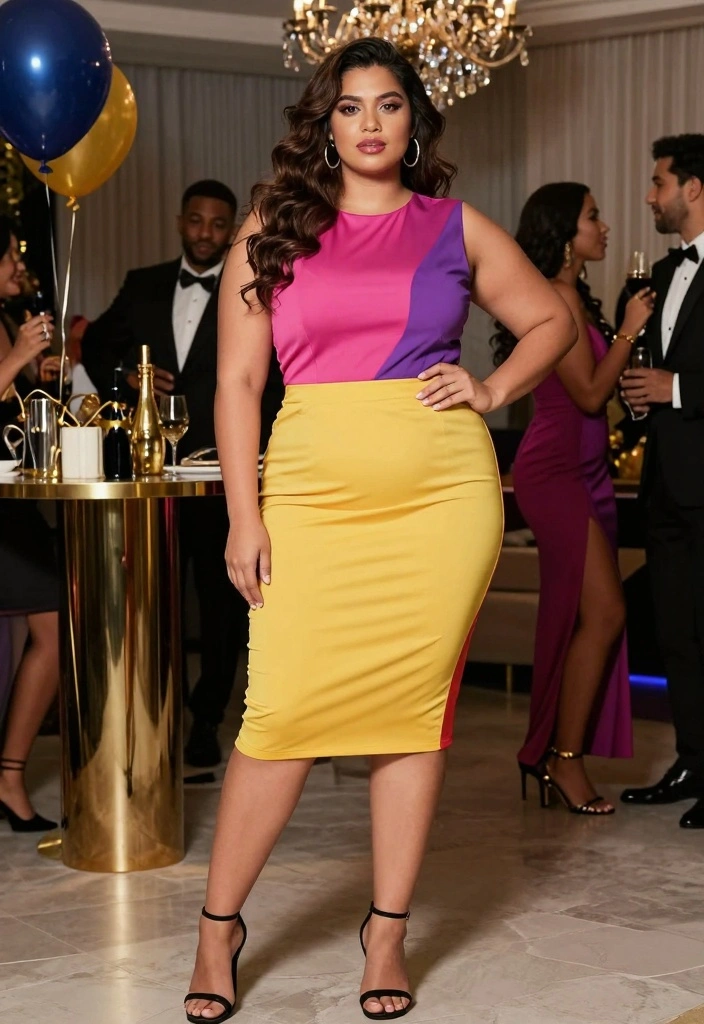 18 Plus Size New Year’s Eve Outfit Ideas That Are Flattering & Trendy - 15. Bold Color-block Dress 1