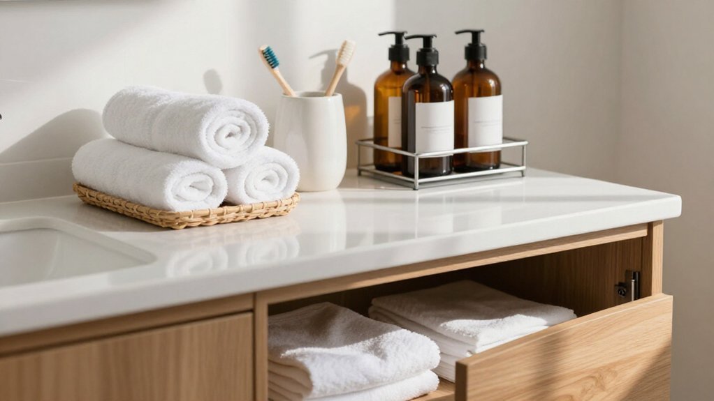 bathroom organization with baskets caddies cabinets